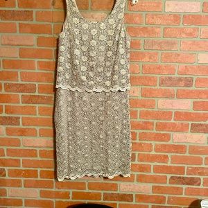 Soft lace, gold cocktail dress with sequins and 3/4 length overlay jacket. 14